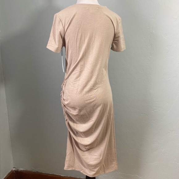 New Treasure & Bond Side Ruched BodyCon Midi Dress Beige Oatmeal Heather - Picture 5 of 5